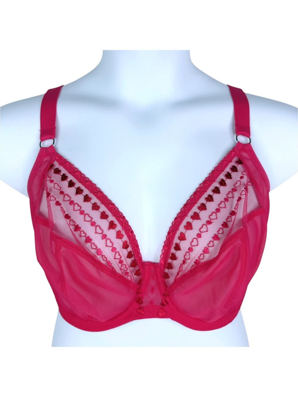 Elomi Matilda Plunge Bra sz 34H (UK) / 34K (US) * Pink Kiss Hot Pink Hearts Lace